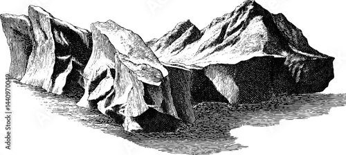 Engraved illustration of glacier collapse and mountain landscape in black and white