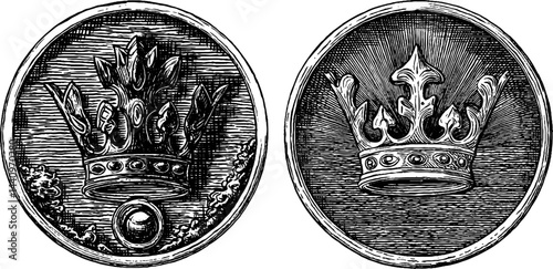 Intricate bronze medallion engravings featuring ornate crowns for decorative design