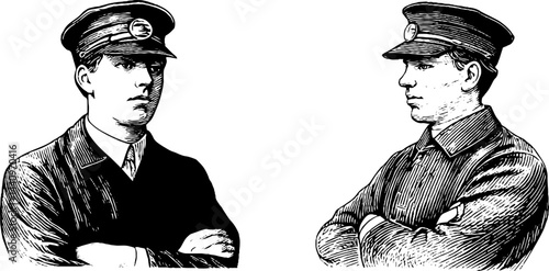 Vintage railway security officers illustration set for historical design and print