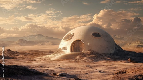  Single futuristic dome home on alien planet at sunset