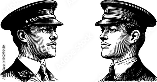 Vintage engraving of railway security officer in uniform - classic transportation history design