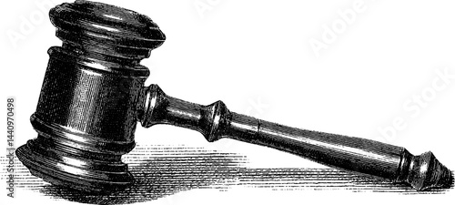 Engraved gavel illustration with bold lines for legal themed design
