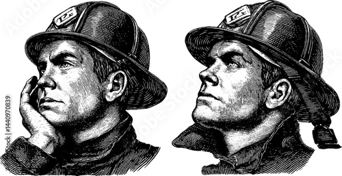 Vintage engraved firefighter illustration set for historical design and tribute