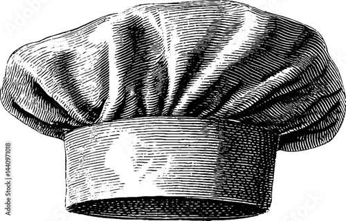 Engraved chef's hat illustration with black bold lines for culinary design