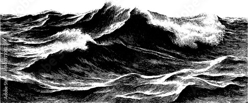 Engraved ocean swell illustration with bold waves and dynamic sea movement
