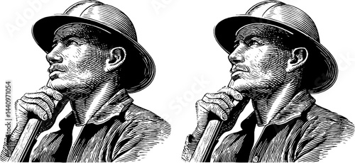 Engraved illustration of civil defence worker portrait in vintage style