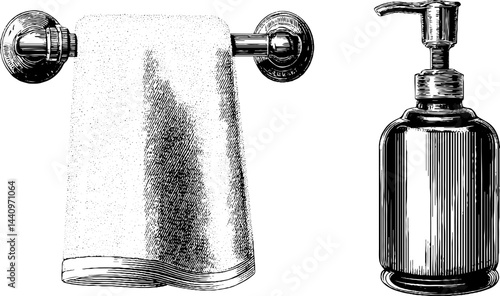 Vintage engraved illustration of hand soap dispenser and towel for bathroom decor design