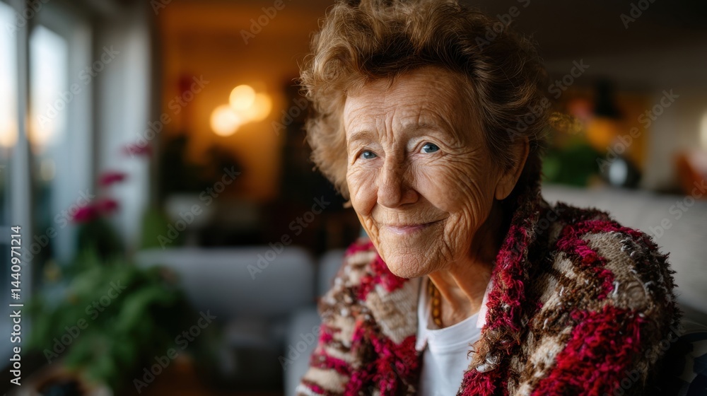 Elderly Woman Smiling Warmly at Home with Cozy Atmosphere and Natural Light Elderly Woman Smiling Warmly at Home with Cozy Atmosphere and Natural Light