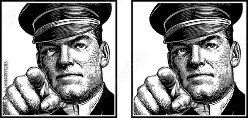 Vintage engraving of election officer pointing - historical theme for political design