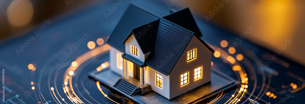 A family home surrounded by protective glowing rings, symbolizing life insurance coverage, family safety