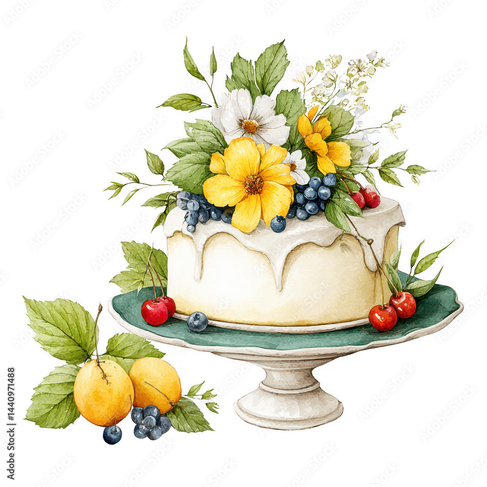 Beautiful watercolor cake adorned with flowers and fresh fruits stands tall.