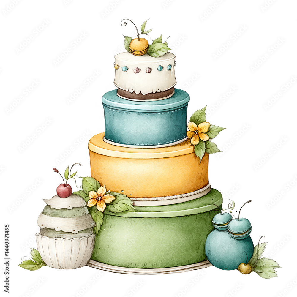 A watercolor tiered cake with cherries and flowers is a lovely treat.