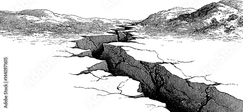 Vintage engraving of earthquake impact on rugged landscape for educational use