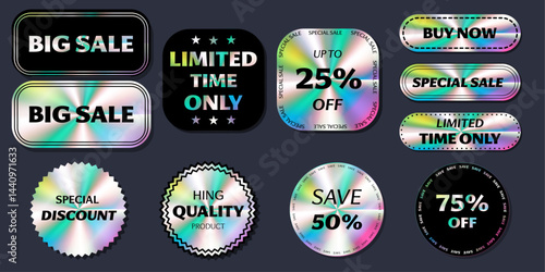 A set of holographic stickers for sales, discounts, high quality and a new collection. Illustration