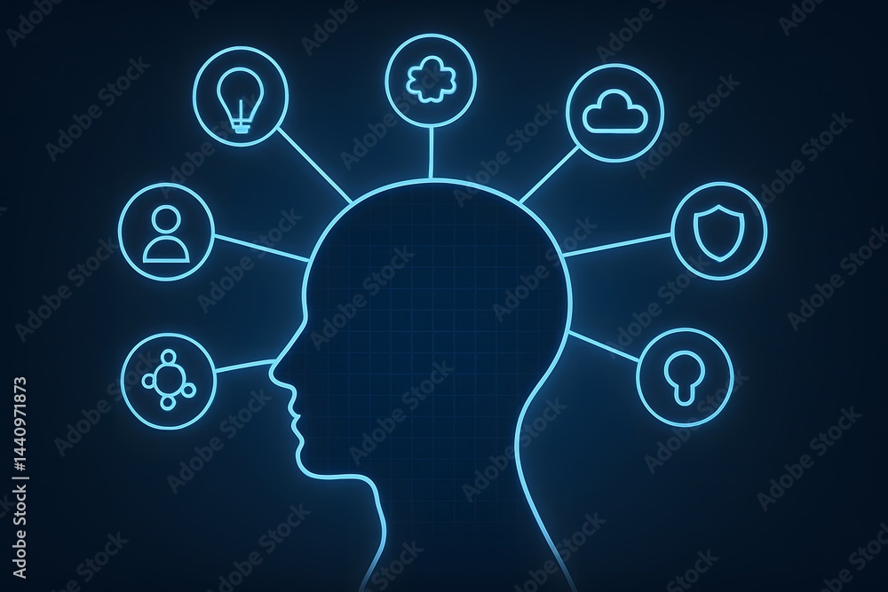 Innovative infographic depicting a human head linked by glowing lines to icons representing creativity, cloud services, cybersecurity, technology solutions, and global networks. Innovative infographic depicting a human head linked by glowing lines to icons representing creativity, cloud services, cybersecurity, technology solutions, and global networks.
