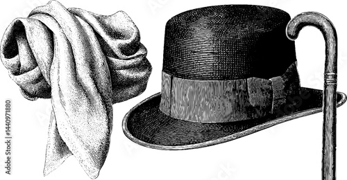 Elegant vintage engraved illustration of opera hat and walking cane for classic fashion design
