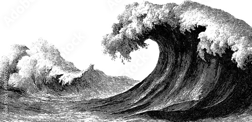 Intricate engraved illustration of a crashing ocean wave in bold black design