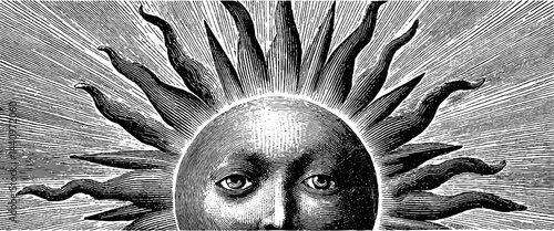 Engraved sun illustration depicting a heatwave with bold lines for art and design projects