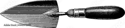 Vintage trowel engraving with black bold lines for garden design and tool illustrations
