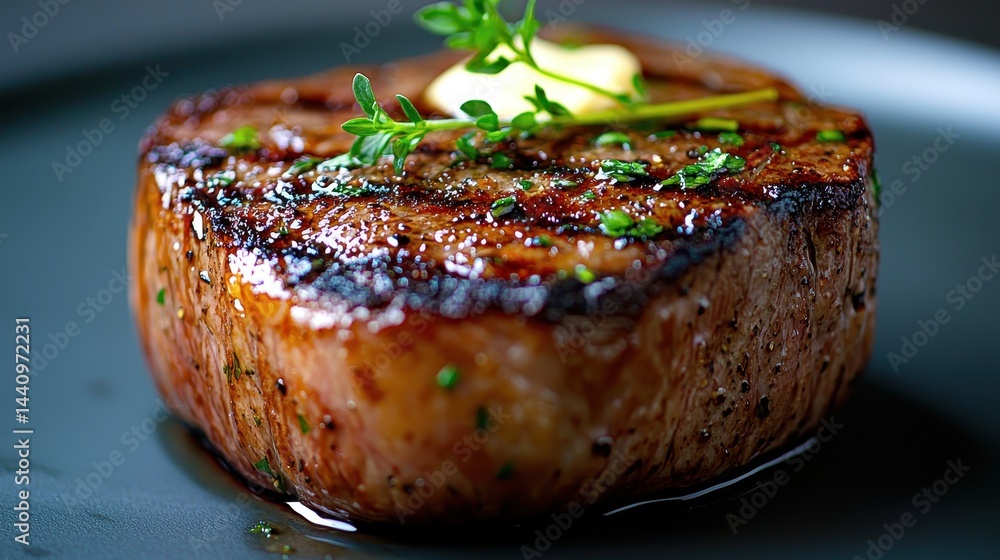 New York strip steak with juicy caramelized crust, herb flecks and fresh green garnish served on dark wooden plate ready for upscale dining New York strip steak with juicy caramelized crust, herb flecks and fresh green garnish served on dark wooden plate ready for upscale dining
