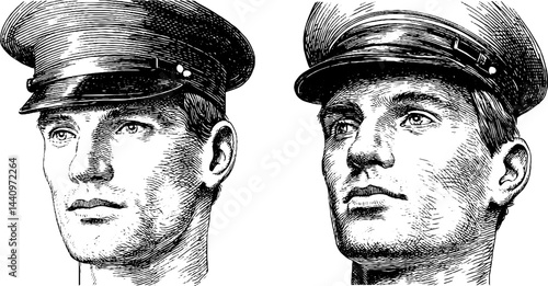 Vintage engraved illustrations of an ambulance driver in uniform