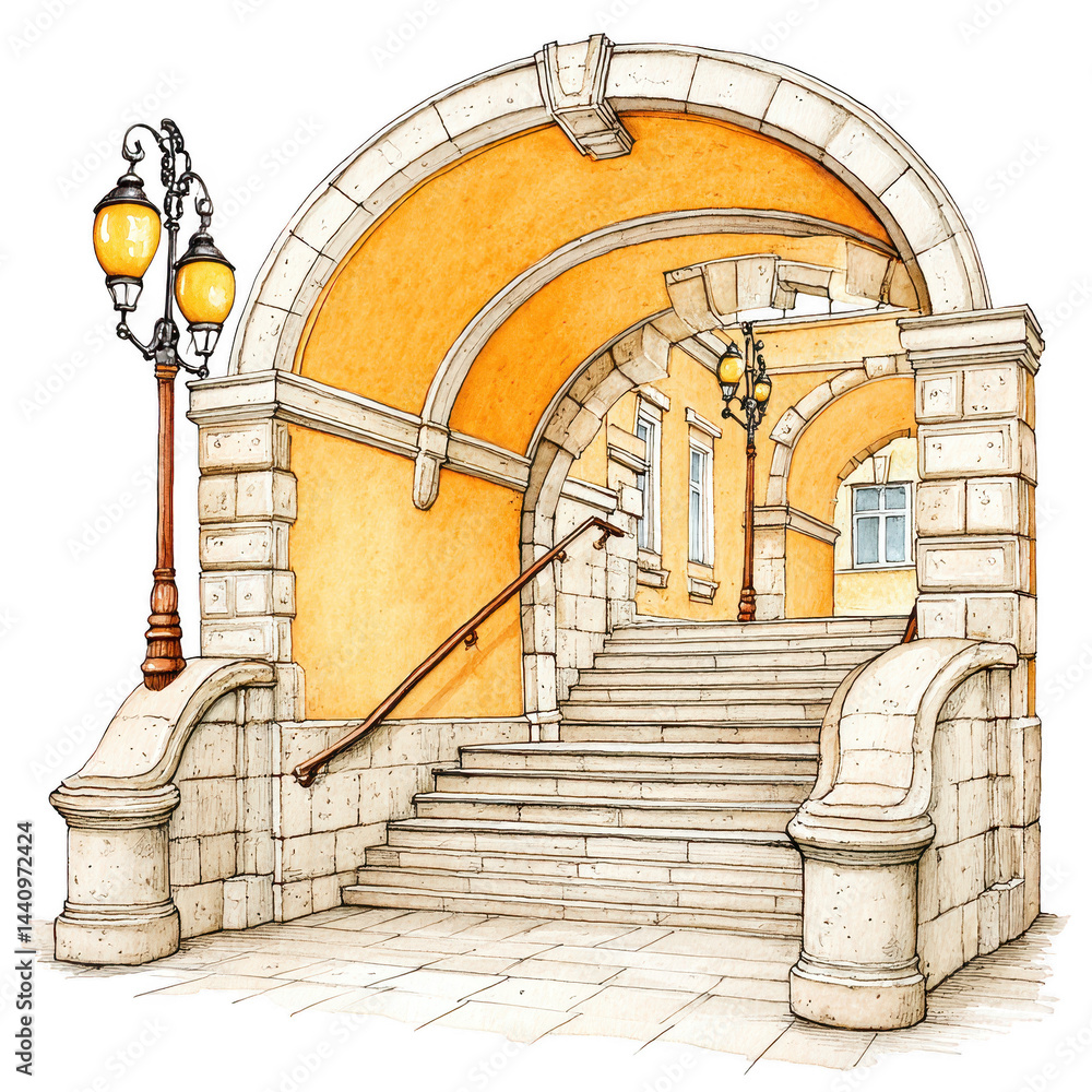 Watercolor illustration shows outdoor stone staircase with archway and lamp.