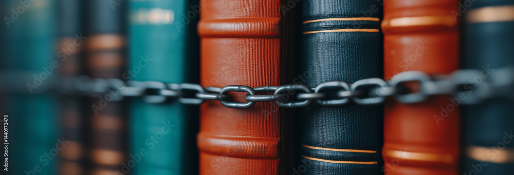 Rows of legal books chained together, symbolizing enforcement of strict regulations, legal restrictions, and the inaccessibility of justice