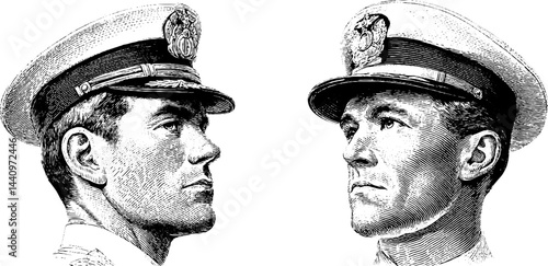 Vintage engraved illustration of naval officers in uniform caps