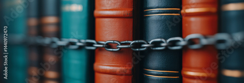 Obraz na płótnie Rows of legal books chained together, symbolizing enforcement of strict regulations, legal restrictions, and the inaccessibility of justice w salonie