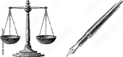 Vintage balance scale and fountain pen engraving for legal and writing concepts