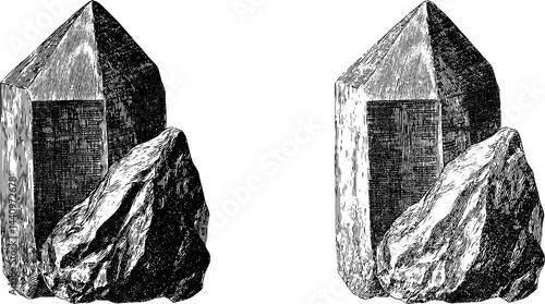 Engraved illustrations of garnet and aquamarine crystals for design and decoration