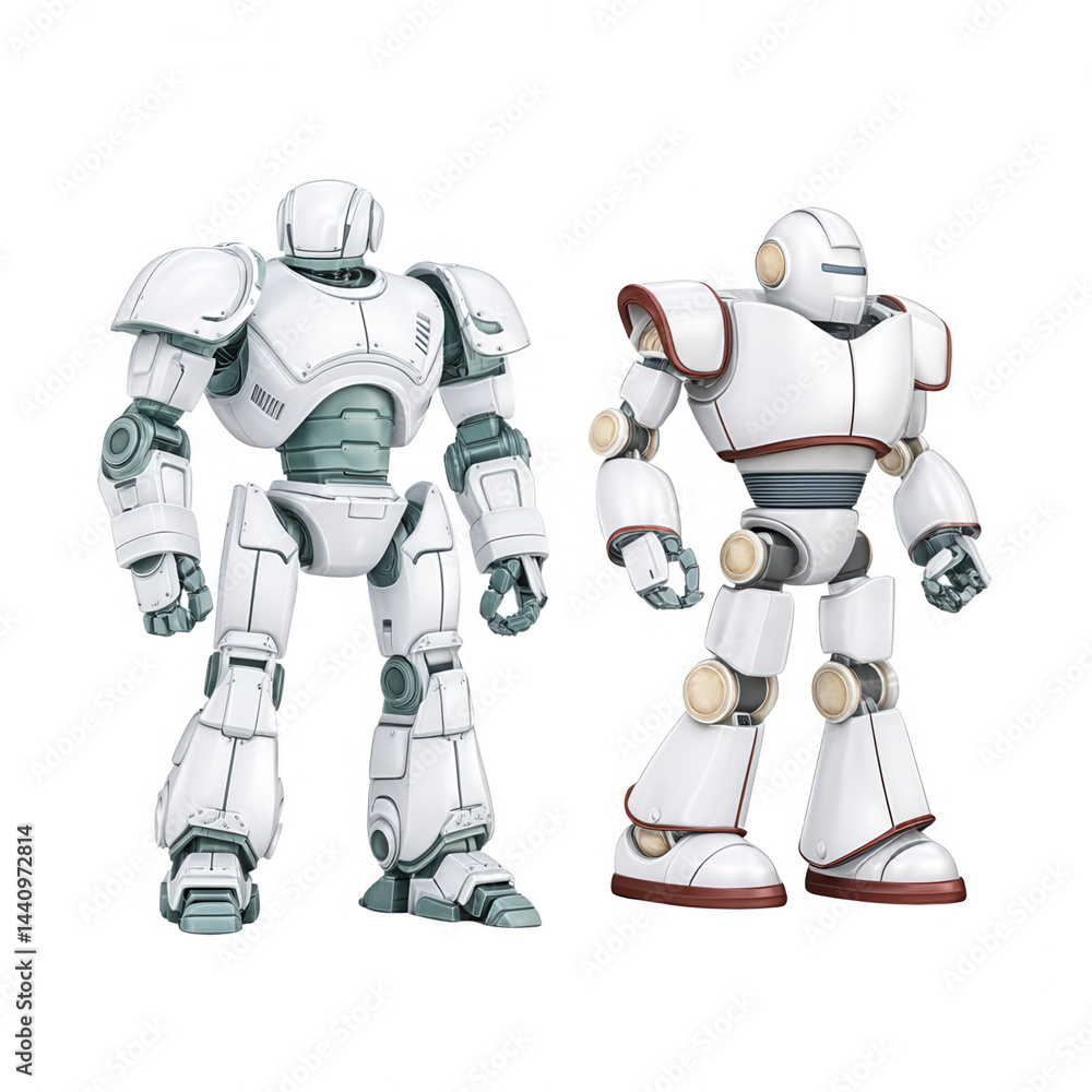 Fototapeta premium Two futuristic white robots stand isolated against a plain white background