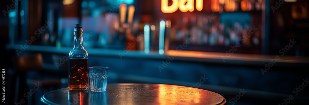 A dimly lit scene of an empty bar stool with a half-empty bottle and a tumbler beside it
