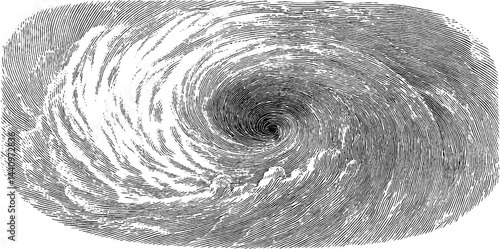 Engraved illustration of a powerful hurricane with bold lines and dynamic swirls