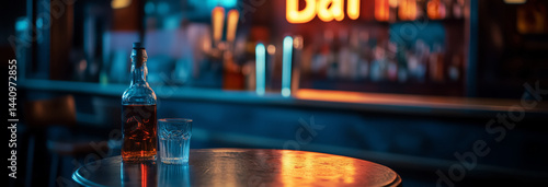 A dimly lit scene of an empty bar stool with a half-empty bottle and a tumbler beside it