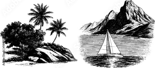 Engraved tropical island and sailing scene for art and print design