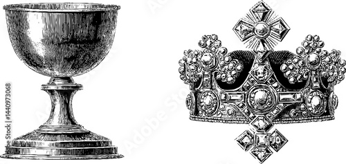 Vintage engraved illustrations of silver goblet and jeweled crown for historical design