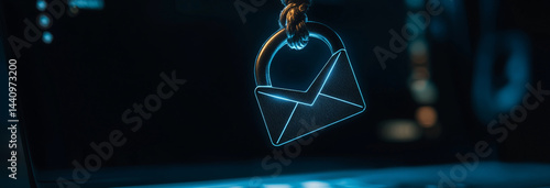 Obraz na płótnie A phishing hook holding an email icon with an ominous shadow behind it, displayed on a glowing laptop screen. w salonie
