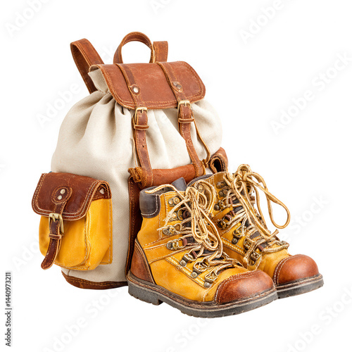 Hiking boots and s backpack for adventure travel ready on white ground.