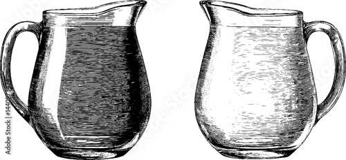 Engraved glass pitcher illustration set with black and white designs for decorative use