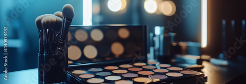 Obraz na płótnie A professional makeup palette with vibrant colors, makeup brushes neatly arranged w salonie