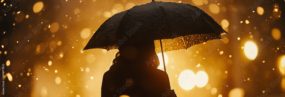 A silhouette of a woman holding an umbrella, standing in the middle of a gentle snowstorm