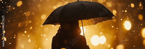 A silhouette of a woman holding an umbrella, standing in the middle of a gentle snowstorm