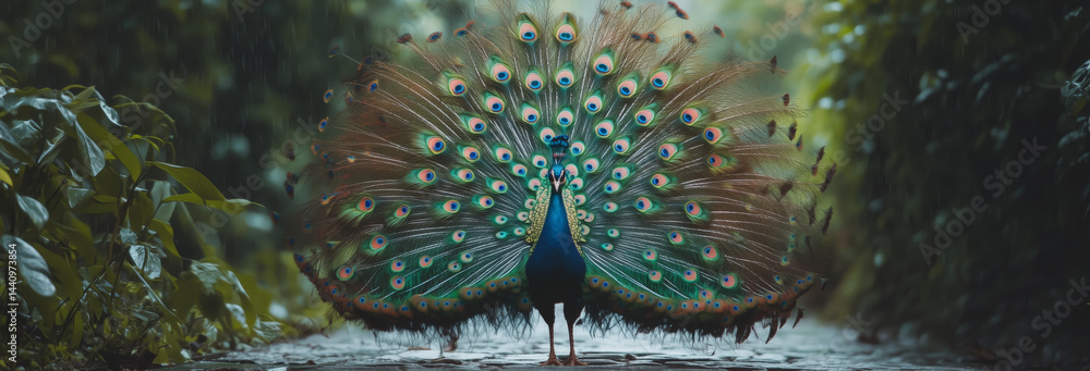 a peacock standing in the rain, its feathers fully fanned out.
