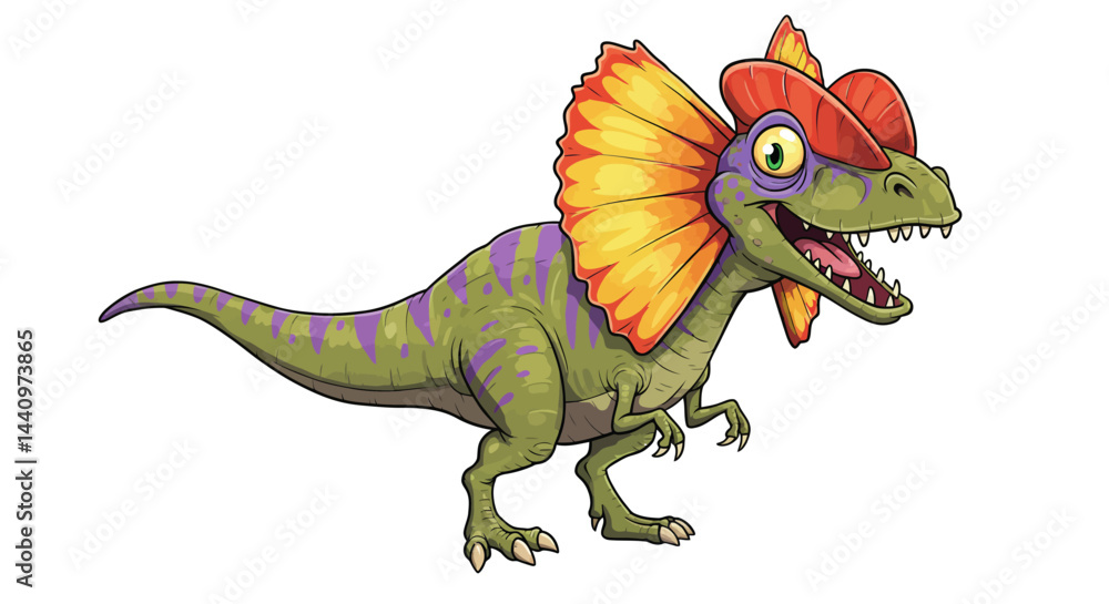 Fototapeta premium Cartoon Dilophosaurus With Vibrant Colors Displaying A Striking Frill In A Vector Art Style