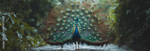 Obraz na płótnie a peacock standing in the rain, its feathers fully fanned out. w salonie