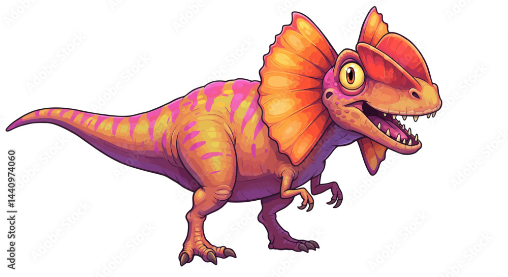 Fototapeta premium Vibrant Vector Art Showcases A Cartoon Dilophosaurus With An Orange Frill And A Playful Expression