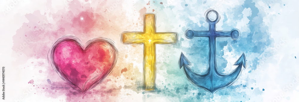 Beautiful 3D symbols for faith, love, and hope rendered in a stunning watercolor style