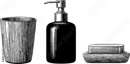 Vintage bathroom accessories set with engraved toothbrush holder and soap dispenser art