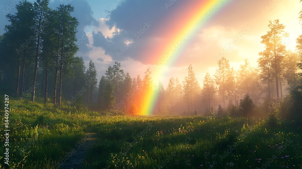 High Resolution Image Of A Beautiful Forest Landscape With A Vivid Rainbow High Resolution Image Of A Beautiful Forest Landscape With A Vivid Rainbow